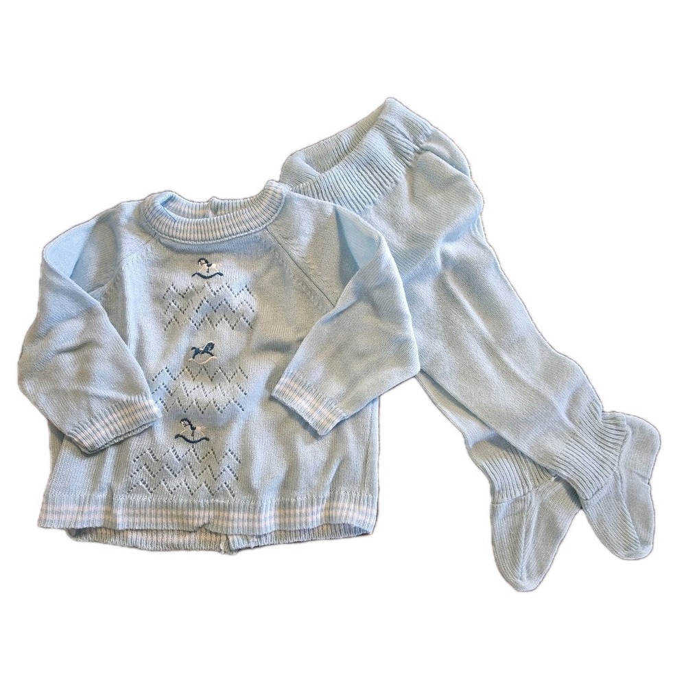 Vintage 70s 80s Sweater 2 pc Set Blue 3 Months Rocking‎ Horse Fine Knit Acrylic